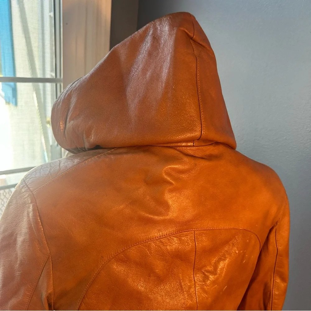 Women's Tan Leather Jacket with Hood - Picture 9 of 15